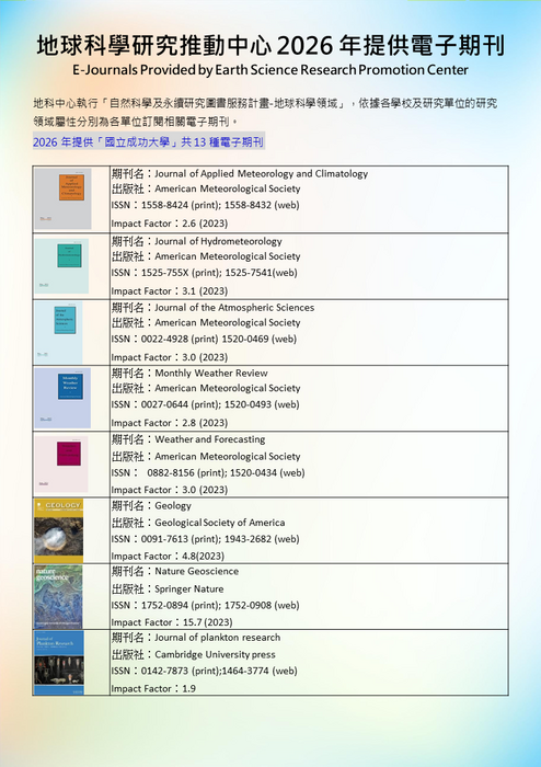 2026年地科中心「圖書服務計畫-地球科學領域」提供國立成功大學共13種期刊